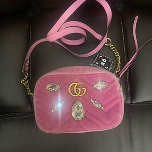 Gucci Pink Velvet Marmont Mini Crossbody Bag with Gold and Crystal Details